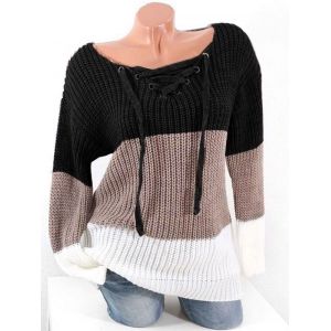 

Plus Size Lace Up Hit Color Chunky Sweater, Black