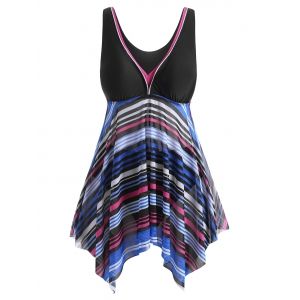 

Mesh Panel Handkerchief Stripes Plus Size Tankini Swimsuit, Blue