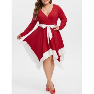 

Plus Size Plunge Contrast Color Handkerchief Surplice Dress, Red wine