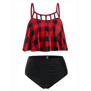 

Plus Size Plaid Ladder Cut Tankini Swimsuit, Red