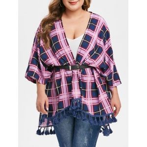 

Longline Plaid Open Front Tassels Plus Size Blouse, Purple