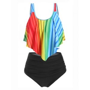 

Plus Size Overlay Rainbow Color Tankini Swimsuit, Multi