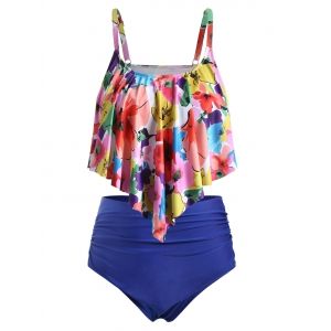 

Plus Size Flower Flounce Tummy Control Tankini Swimwear, Navy blue