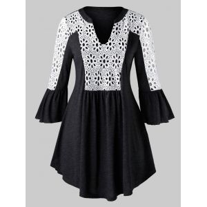 

Plus Size Flare Sleeve Contrast Lace T Shirt, Battleship gray