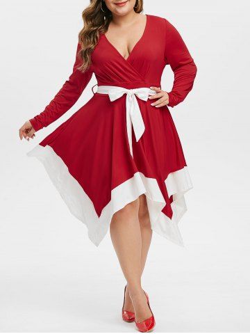 Plus Size Plunge Contrast Color Handkerchief Surplice Dress - RED WINE - L