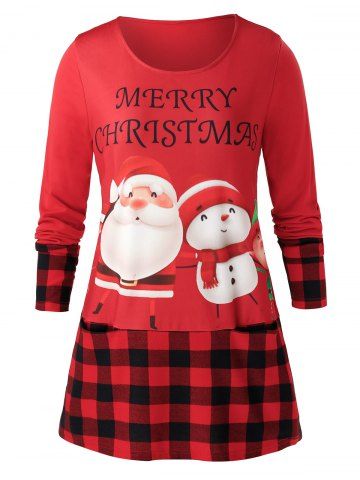 Plus Size Printed Plaid Splicing Long Sleeve T-Shirt - LAVA RED - 1X