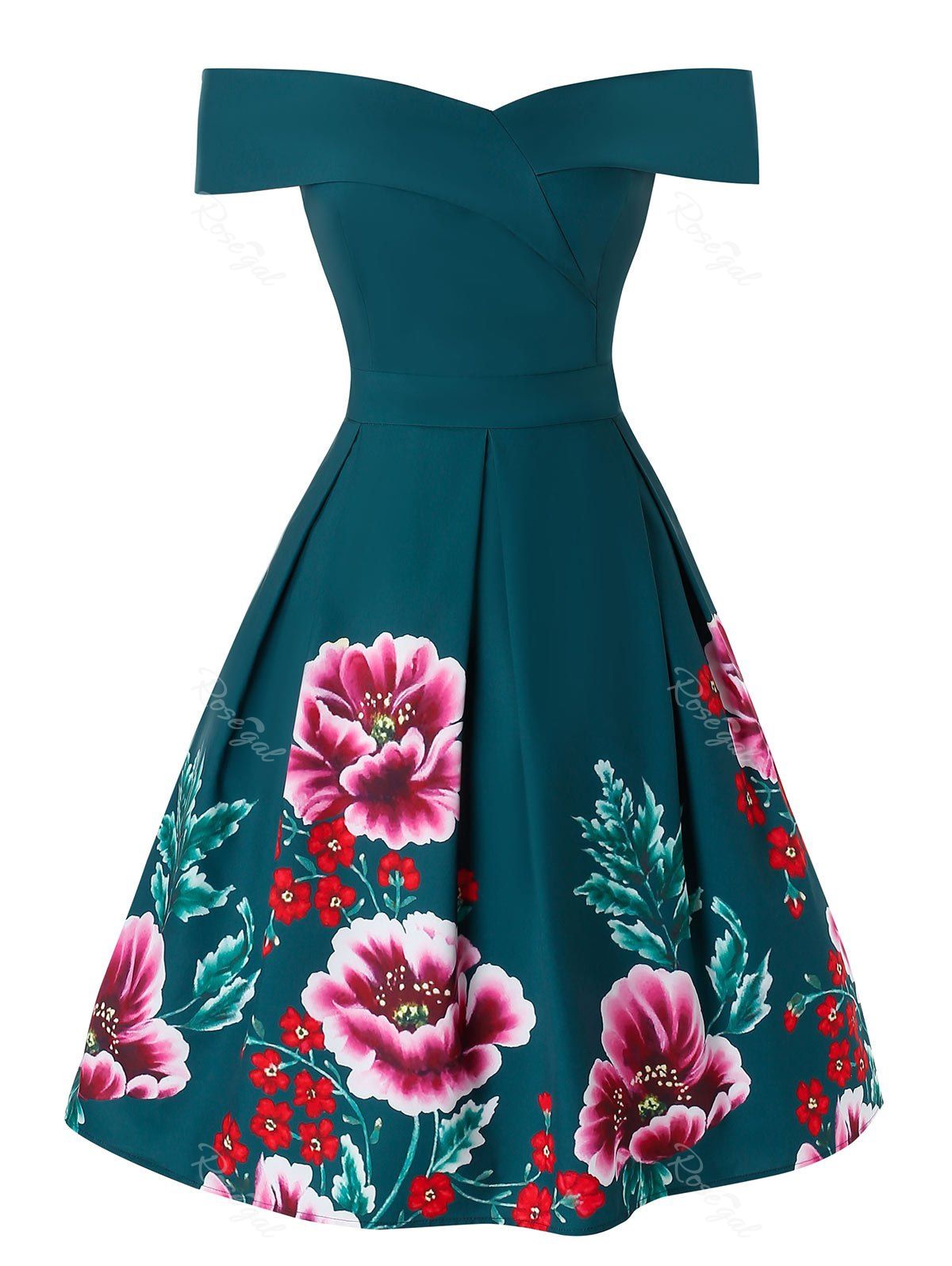 

Plus Size Flower Print Off Shoulder Flare Retro Dress, Multi