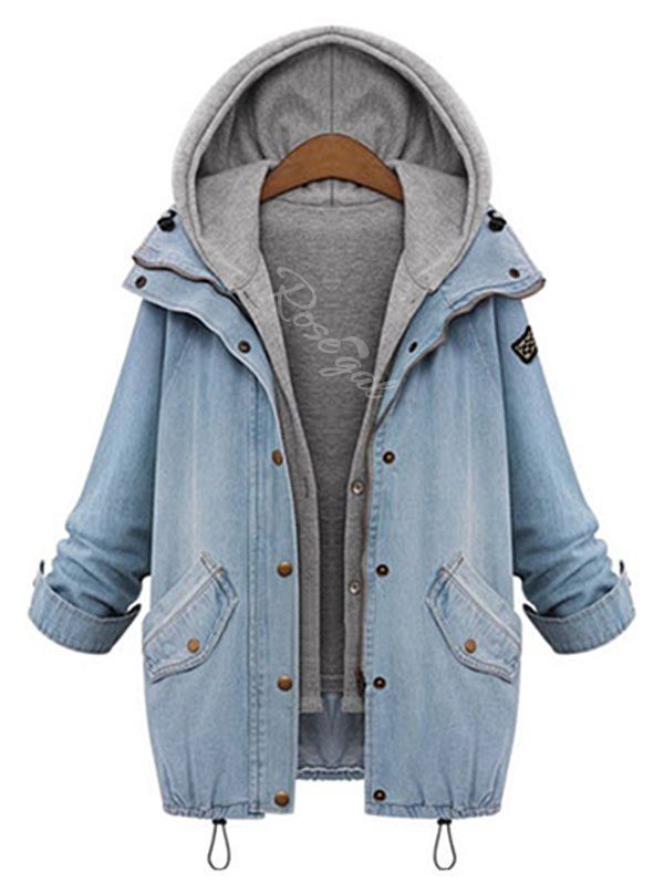 

Plus Size Hooded Drawstring Hem Twinset Denim Jacket, Light blue