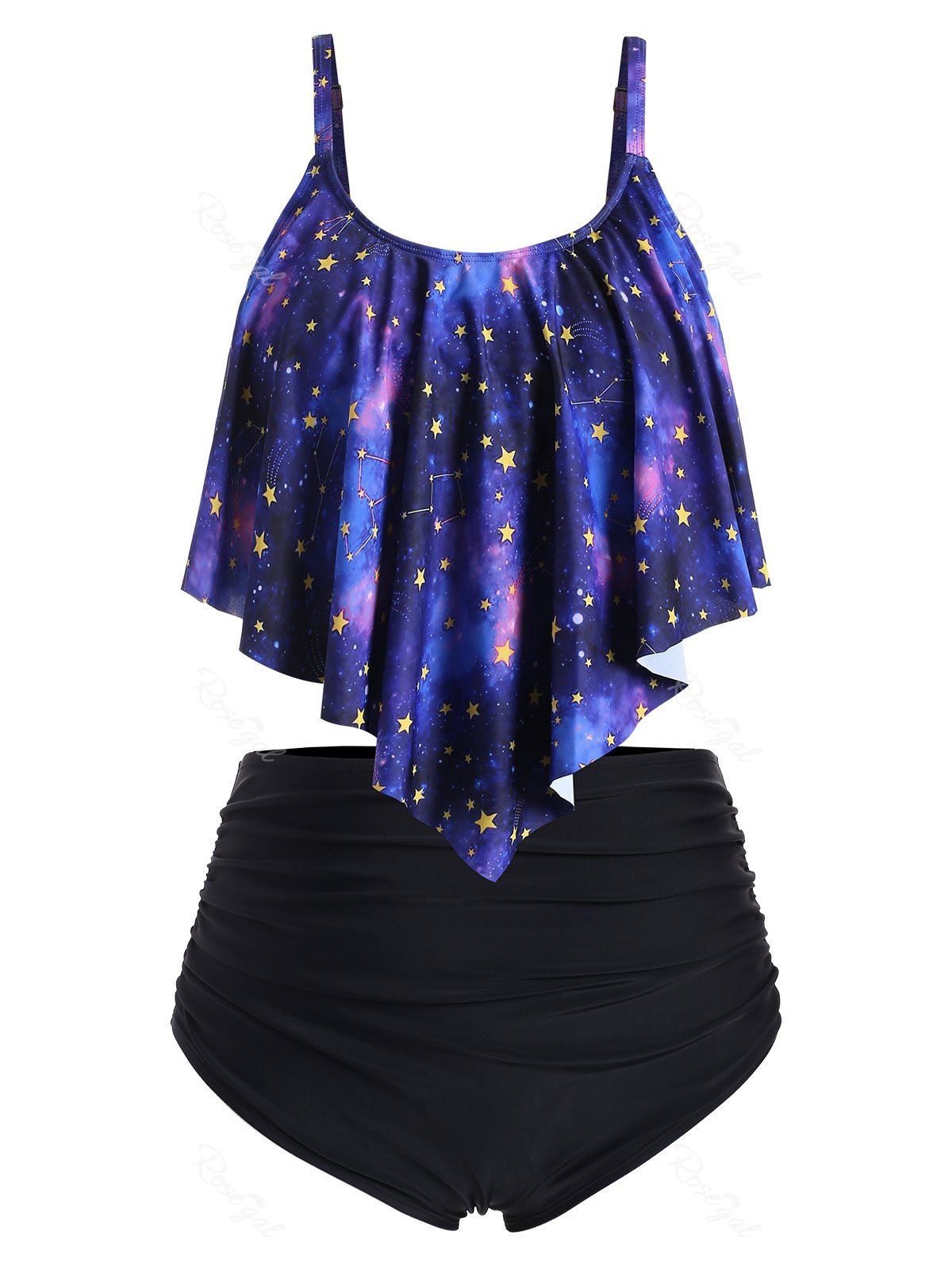 

Plus Size Starry Sky Flounce Tummy Control Tankini Swimwear, Nebula