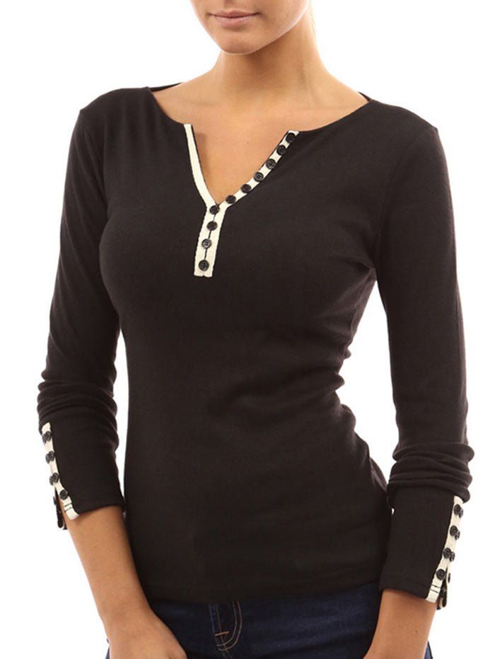 

V-notch Mock Button Long Sleeve Top, Black