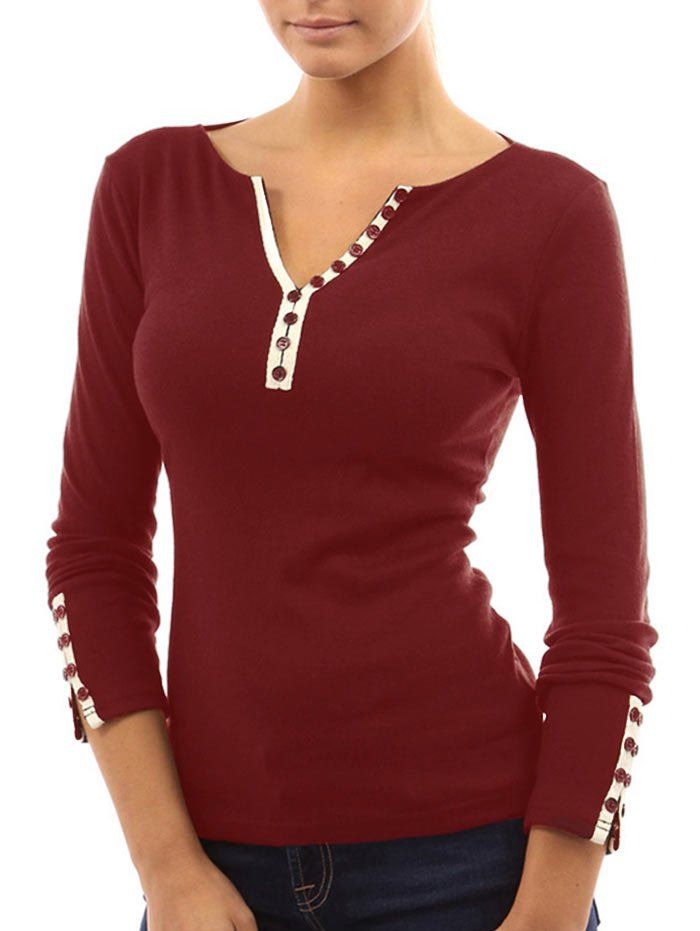 

V-notch Mock Button Long Sleeve Top, Red wine