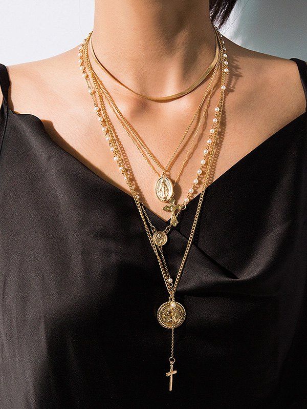 

Faux Pearl Cross Multilayered Necklace, Gold