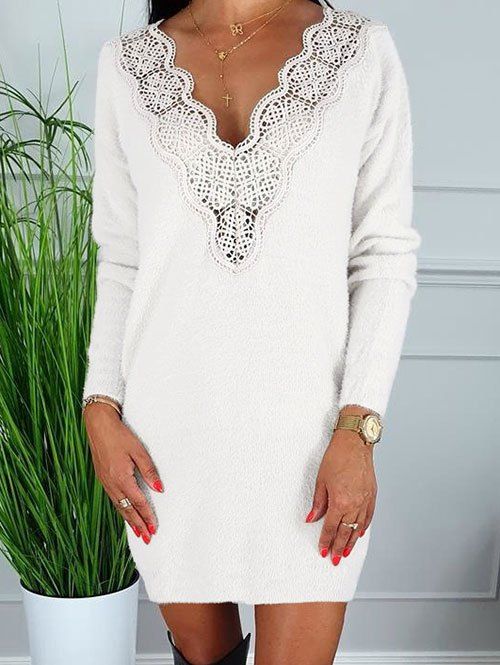 

Fleece Convertible Lace Panel Sheath Dress, White