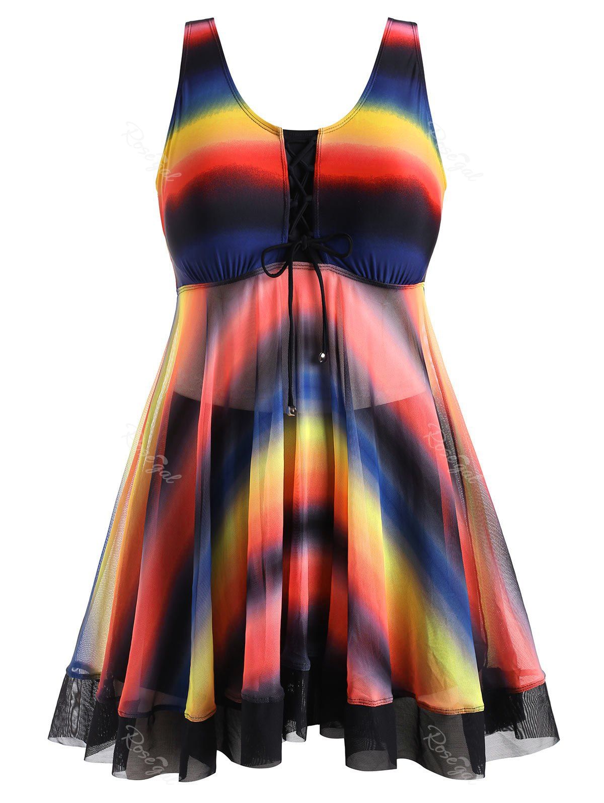 

Mesh Panel Rainbow Stripes Lace Up Plus Size Tankini Swimsuit, Multi