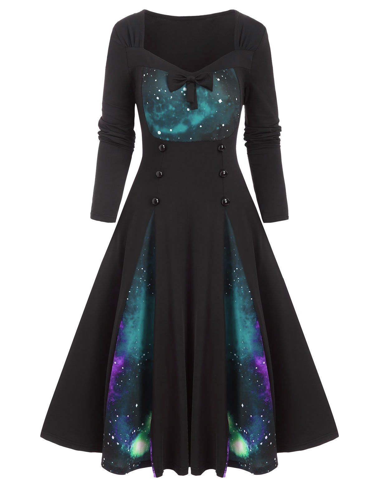 

Galaxy Print Bowknot Buttoned Long Sleeve Dress, Greenish blue