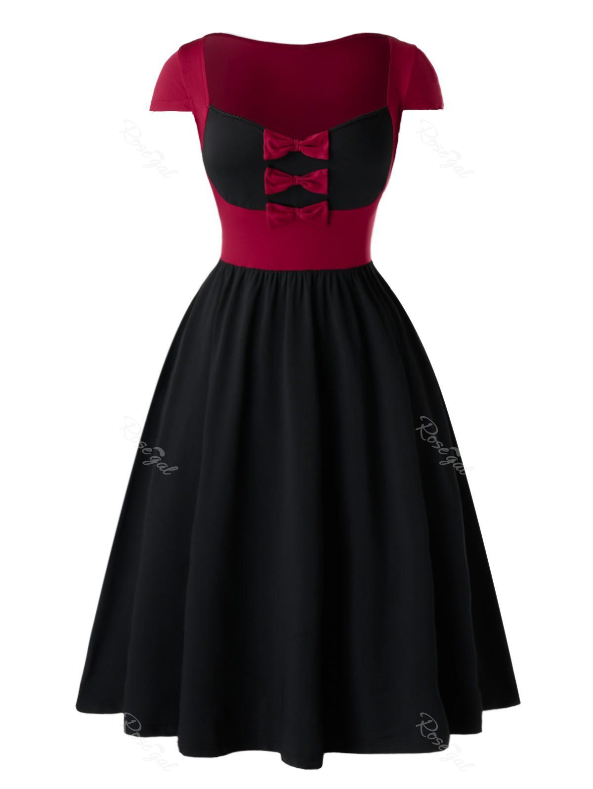 

Plus Size Bowknot Two Tone Sweetheart Neck Vintage Dress, Black