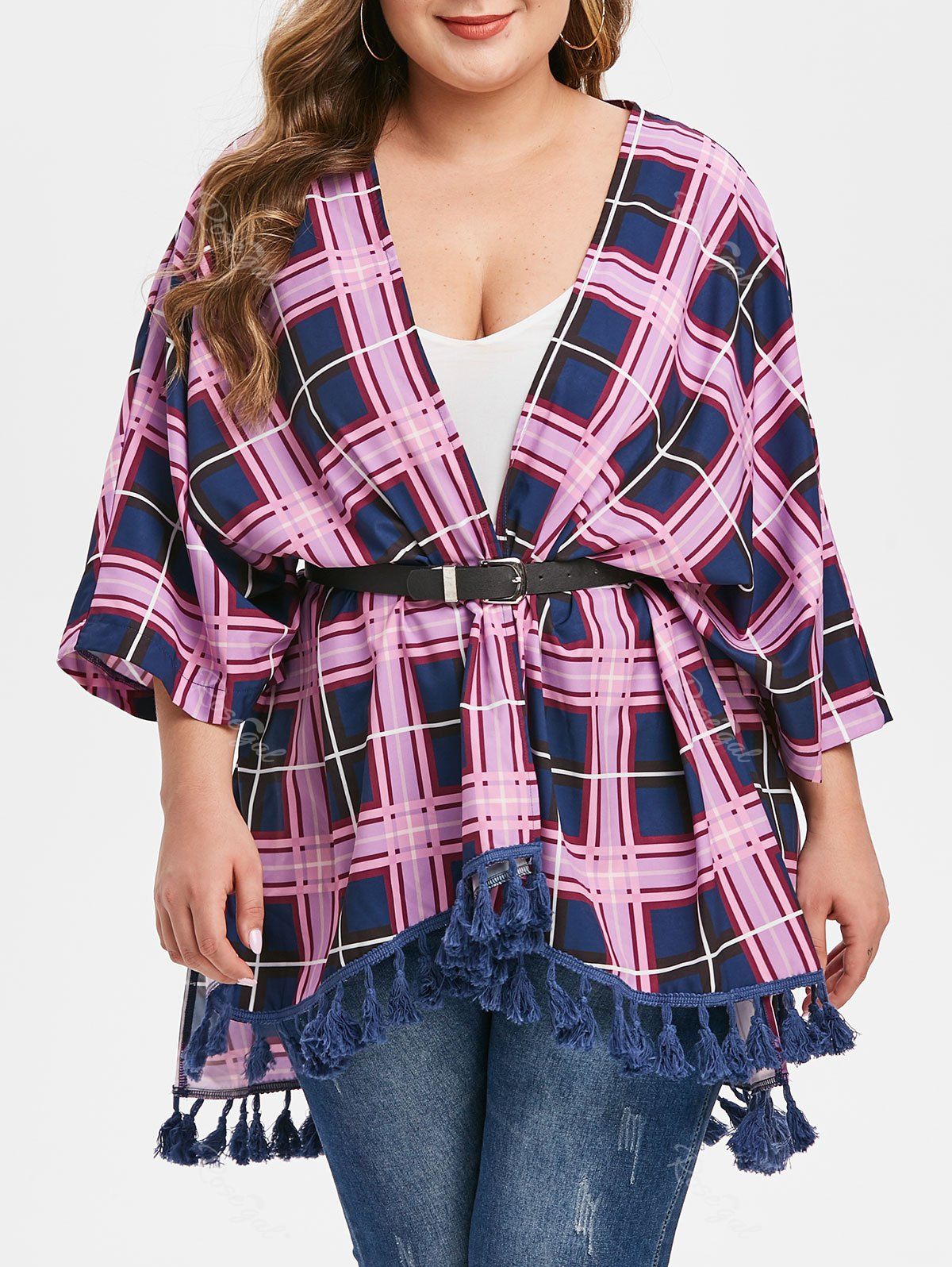 

Longline Plaid Open Front Tassels Plus Size Blouse, Purple