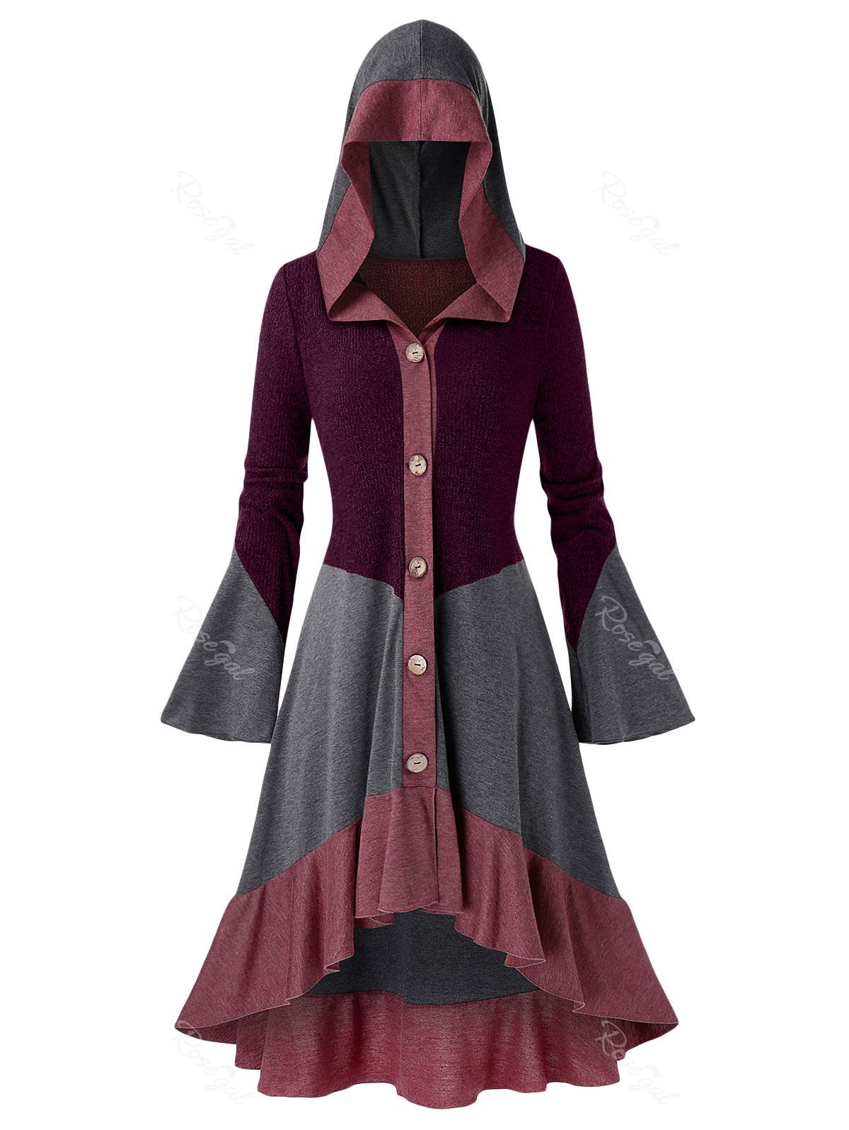 

Plus Size Colorblock Flounce High Low Coat, Plum purple