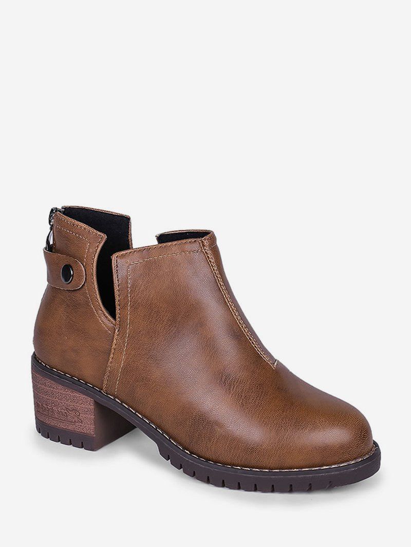 

Chunky Heel PU Leather Notched Ankle Boots, Light brown