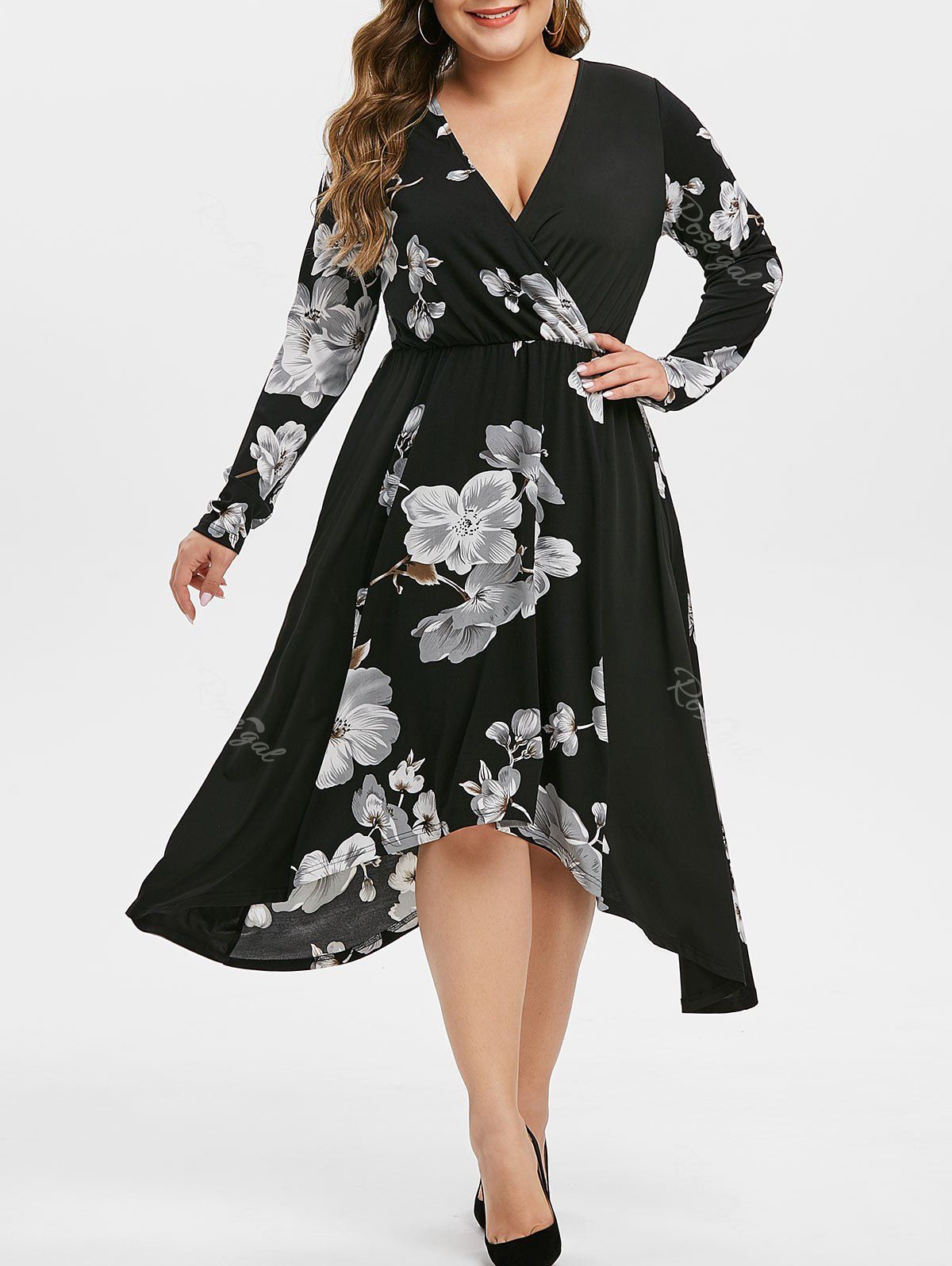 

Plus Size Flower Asymmetrical Surplice Dress, Black