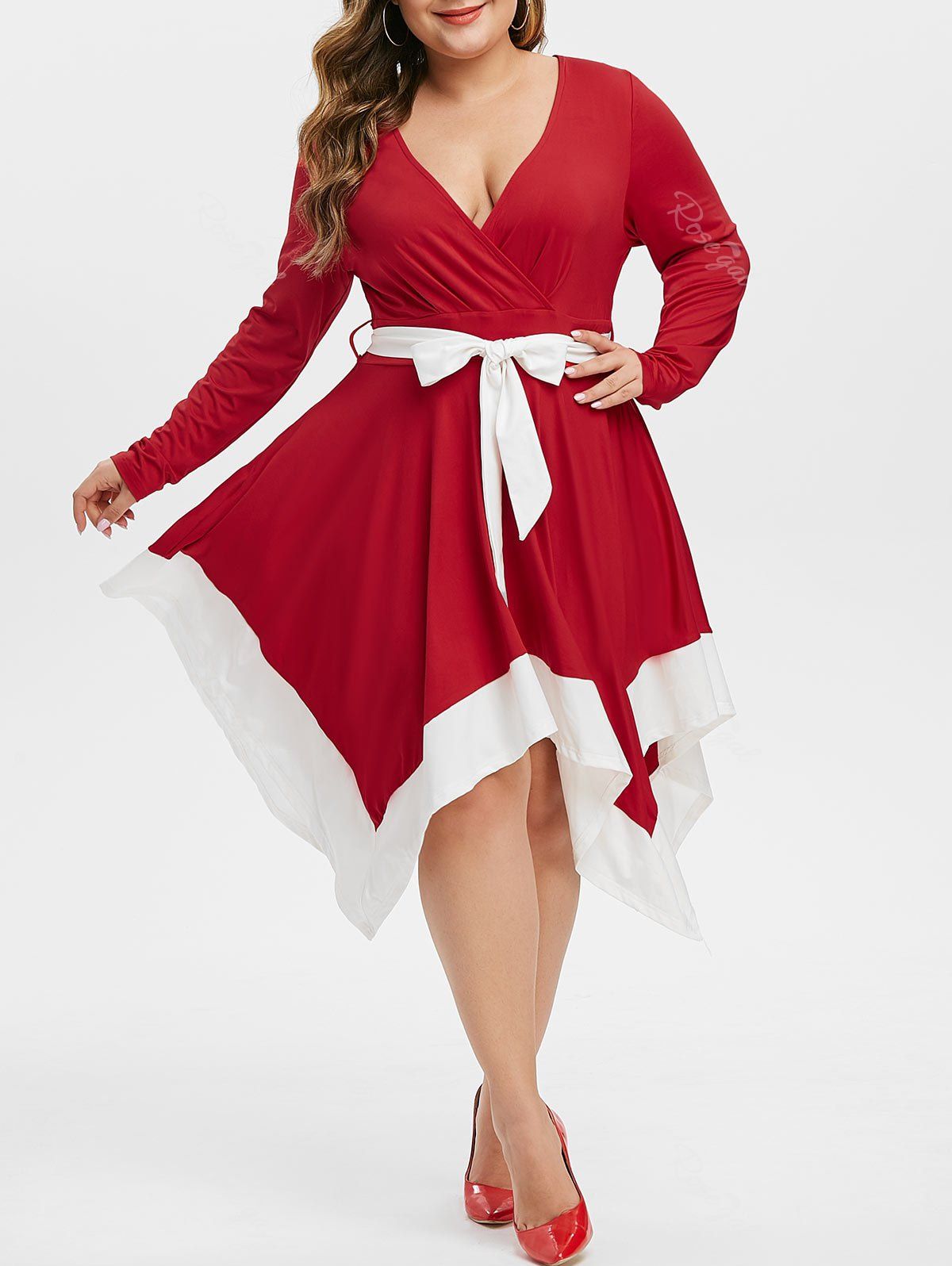 Robe Mouchoir Superposée Plongeante en Couleur Contrastée Grande Taille Rouge Vineux 4X