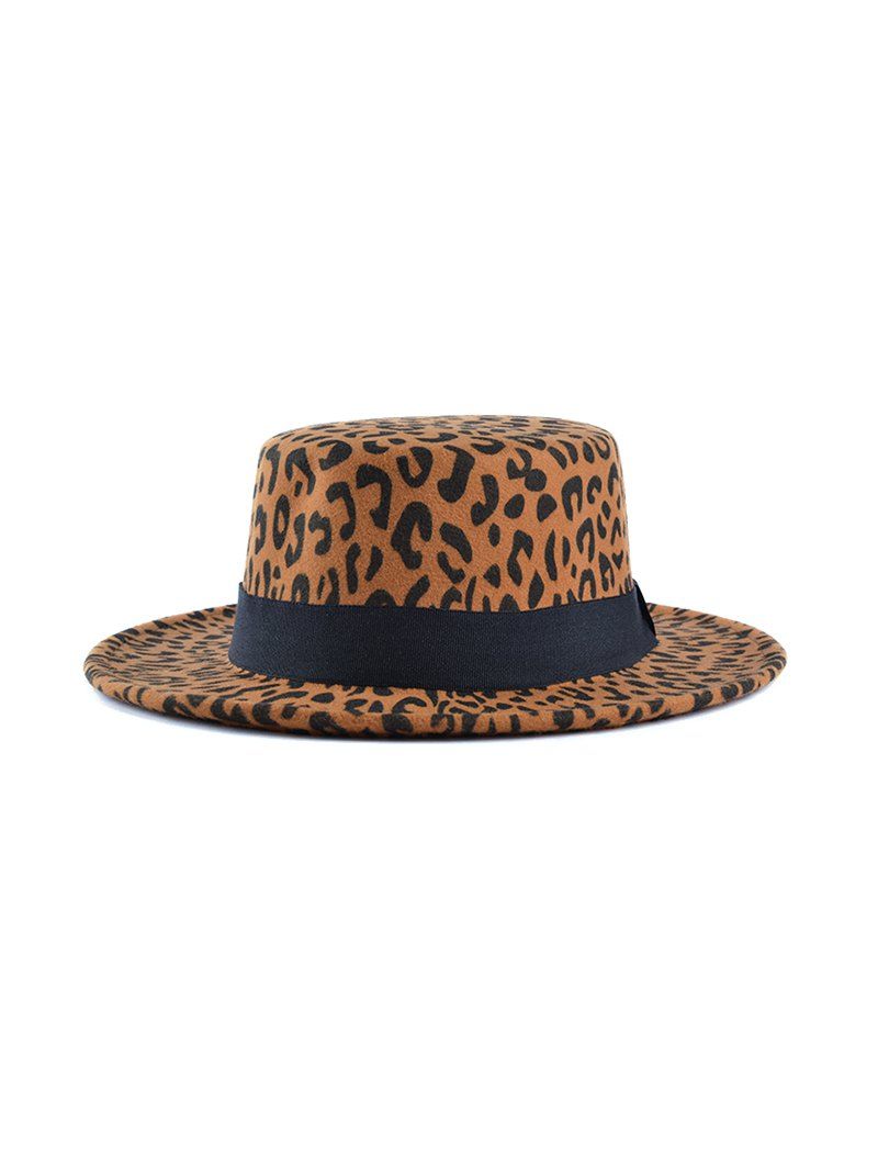 

Felt Leopard Printed Flat Top Hat, Camel brown