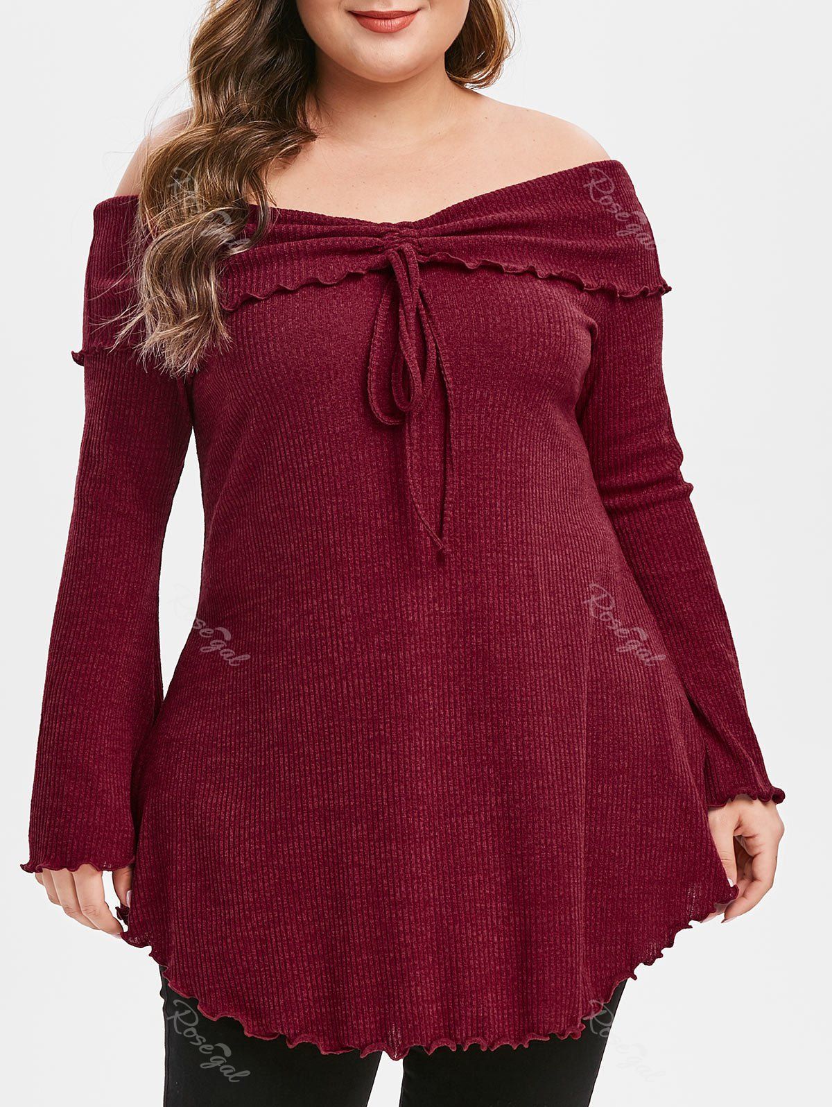 

Plus Size Off The Shoulder Flare Sleeve Cinched Ribbed Sweater, Red wine