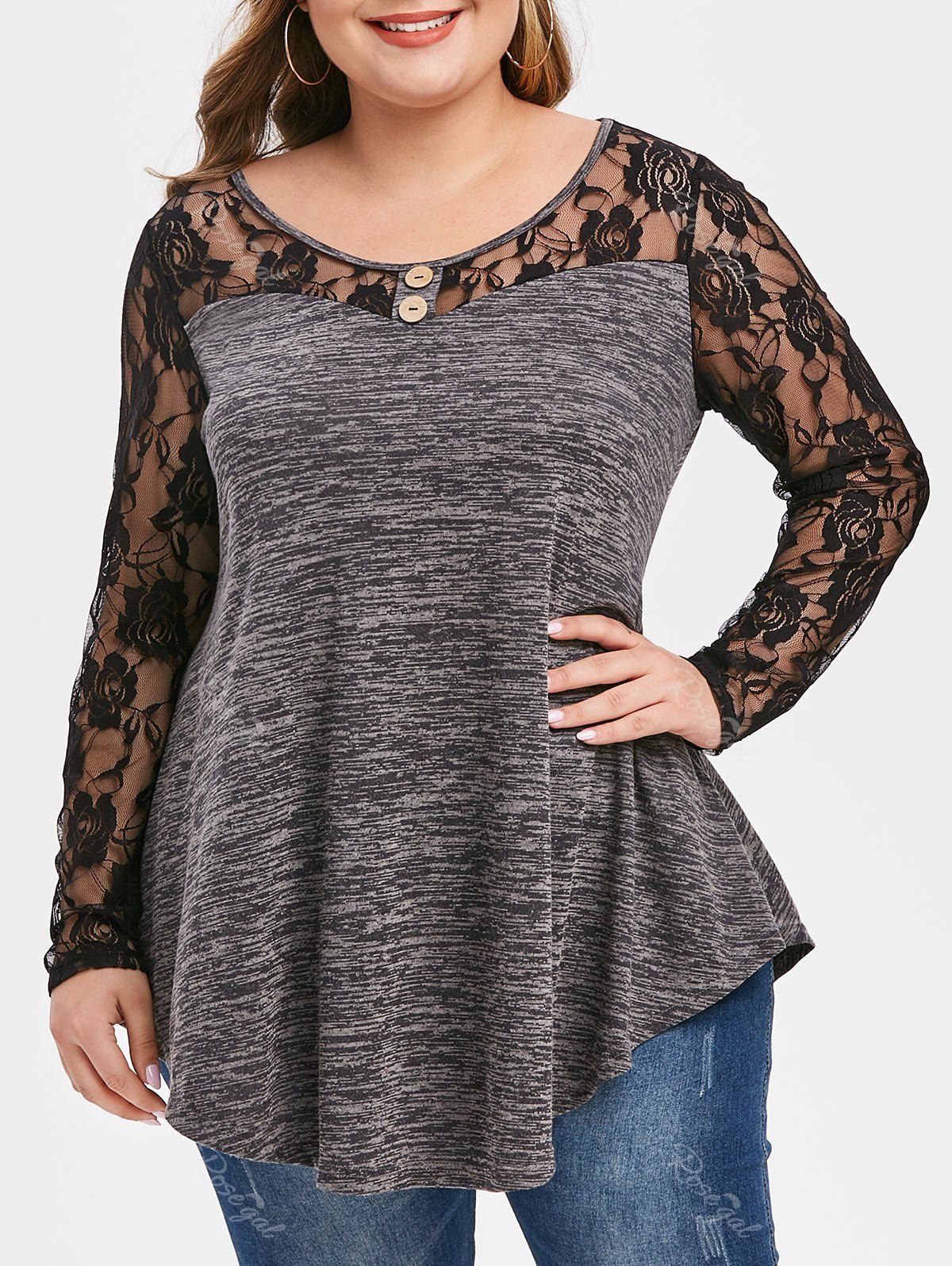 

Plus Size Space Dye Lace Sleeve T Shirt, Gray