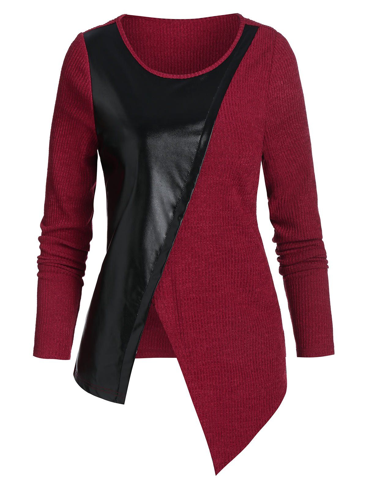 

Asymmetrical Front Slit Faux Leather Insert T Shirt, Red wine
