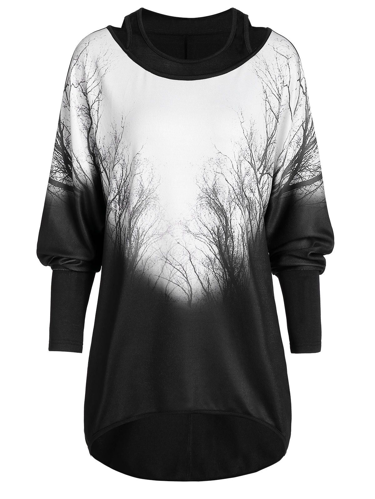 

Tree Branch Print Contrast High Low Faux Twinset T-shirt, Black