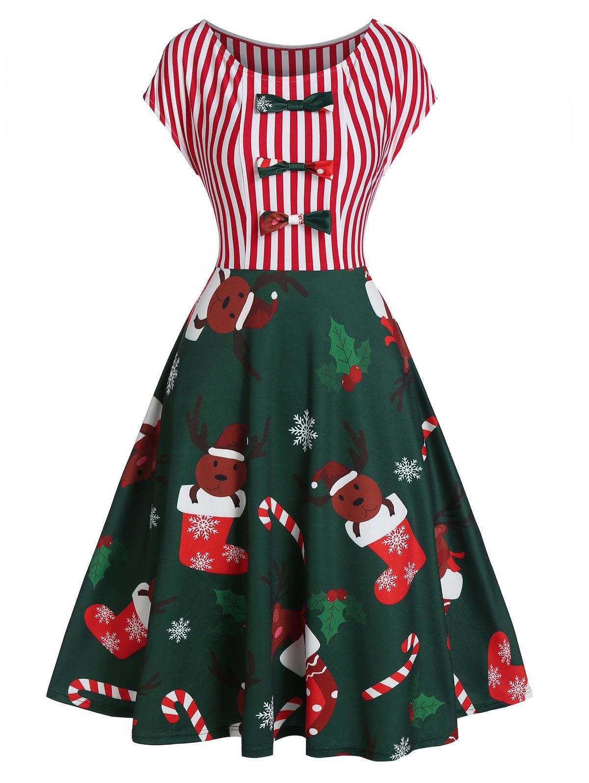 

Christmas Stocking Elk Print A Line Bowknot Dress, Dark forest green