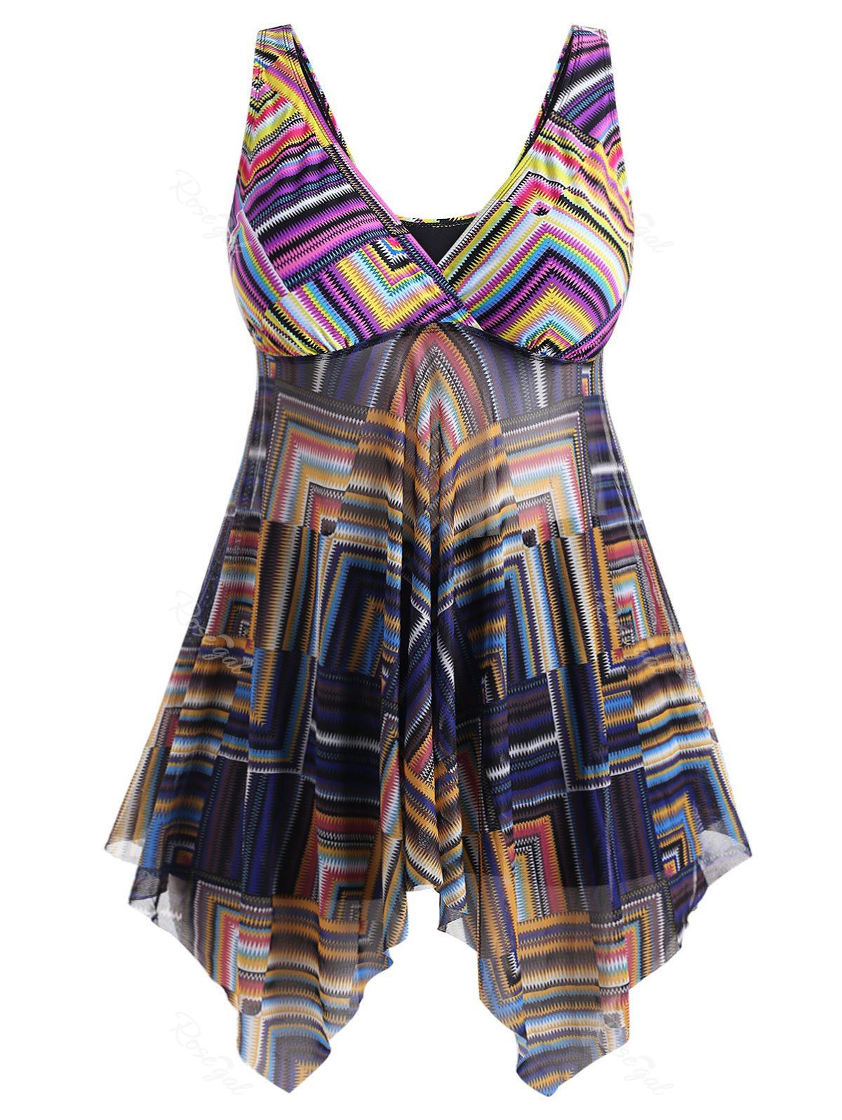 

Mesh Panel Handkerchief Geometric Print Plus Size Tankini Swimsuit, Multi