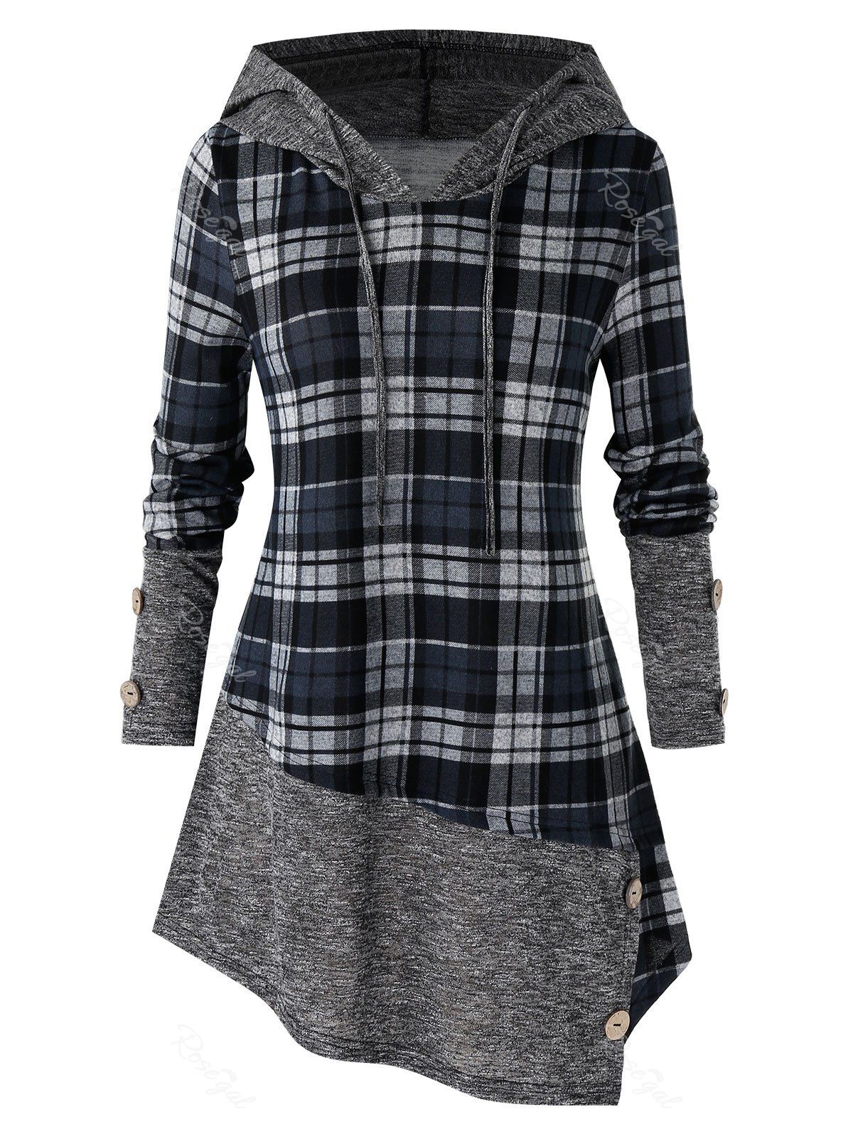 

Plus Size Plaid Splicing Asymmetric Hoodie, Battleship gray