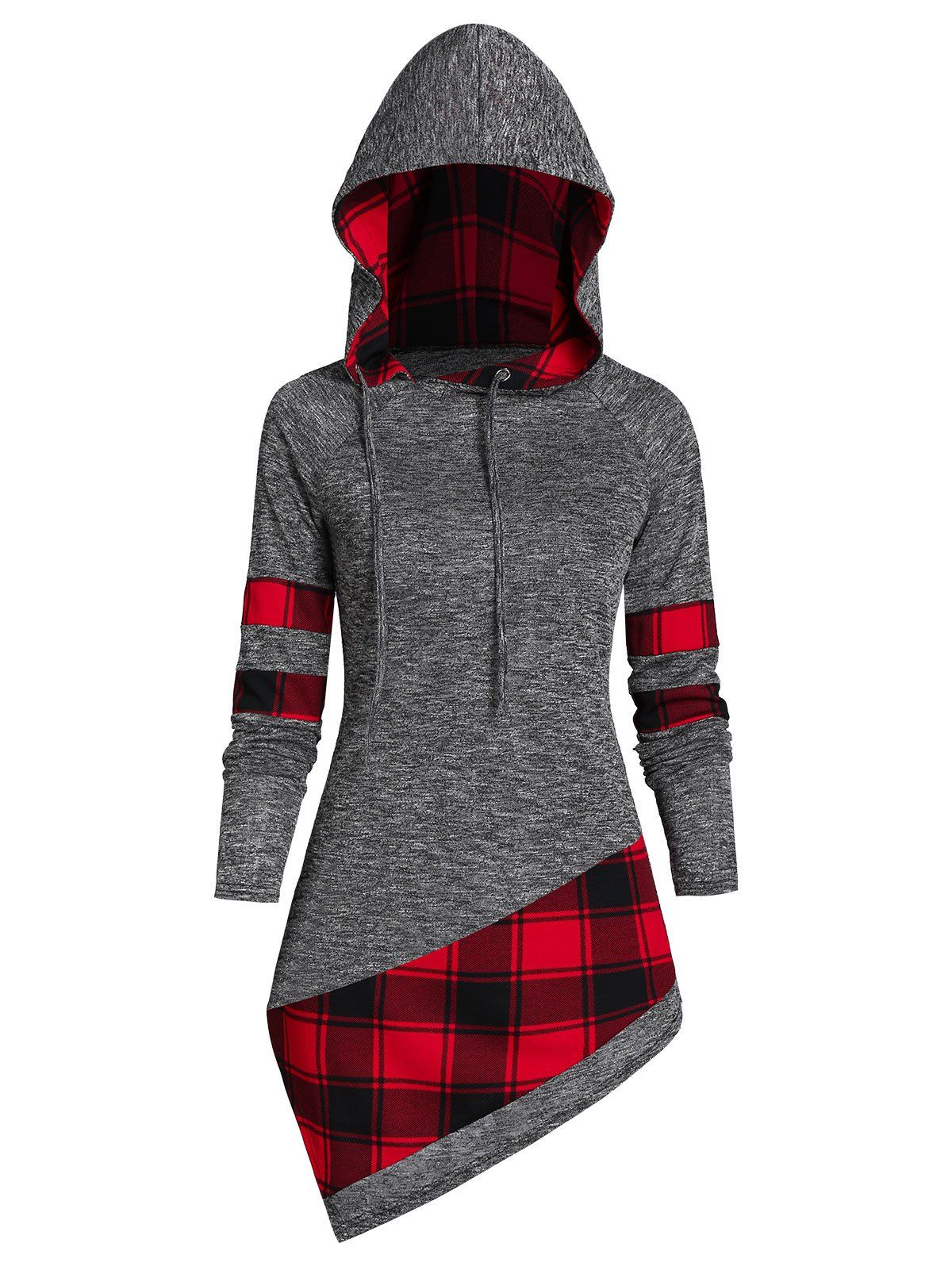 

Drawstring Plaid Marled Hoodie, Gray