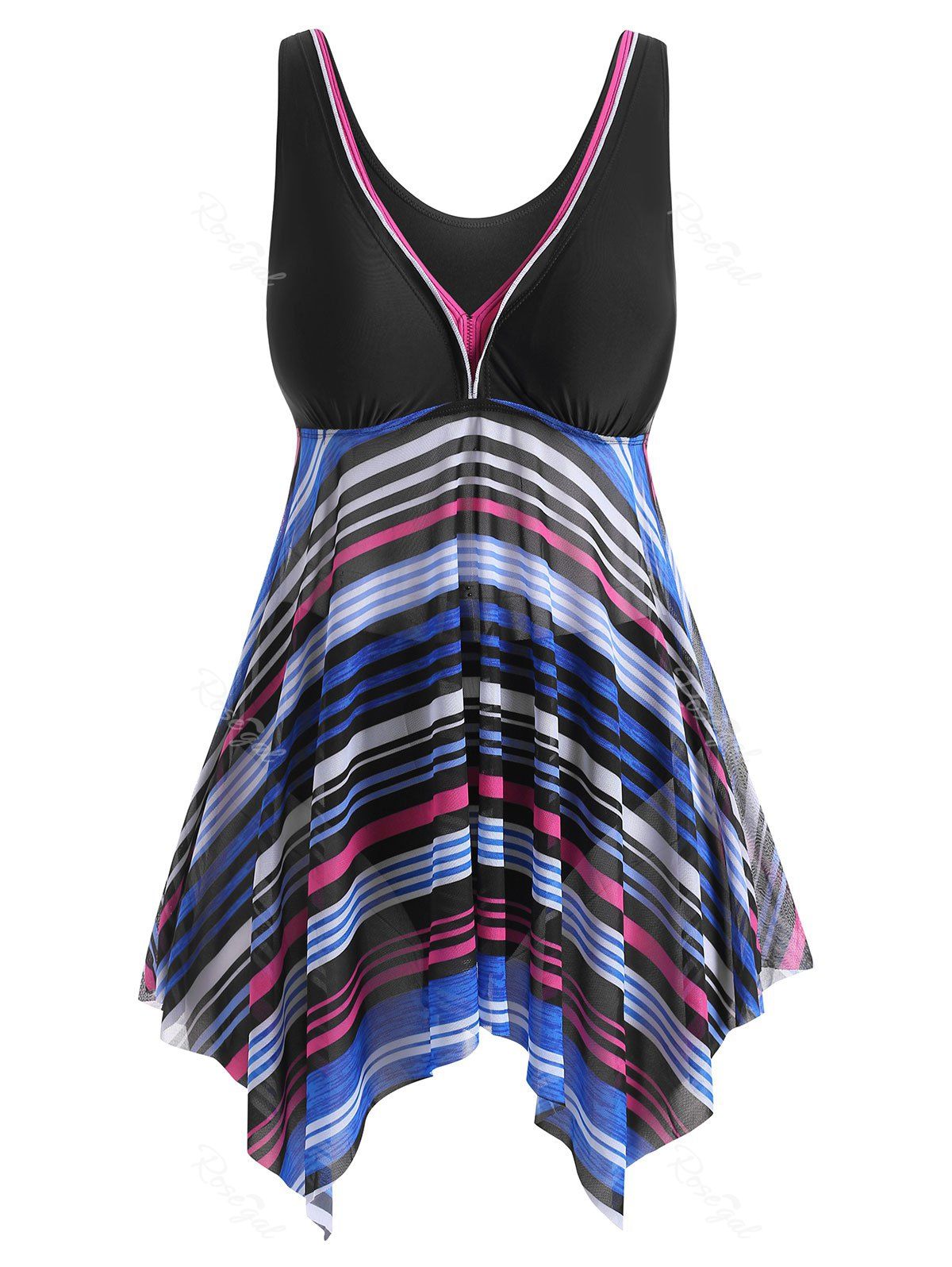 

Mesh Panel Handkerchief Stripes Plus Size Tankini Swimsuit, Blue