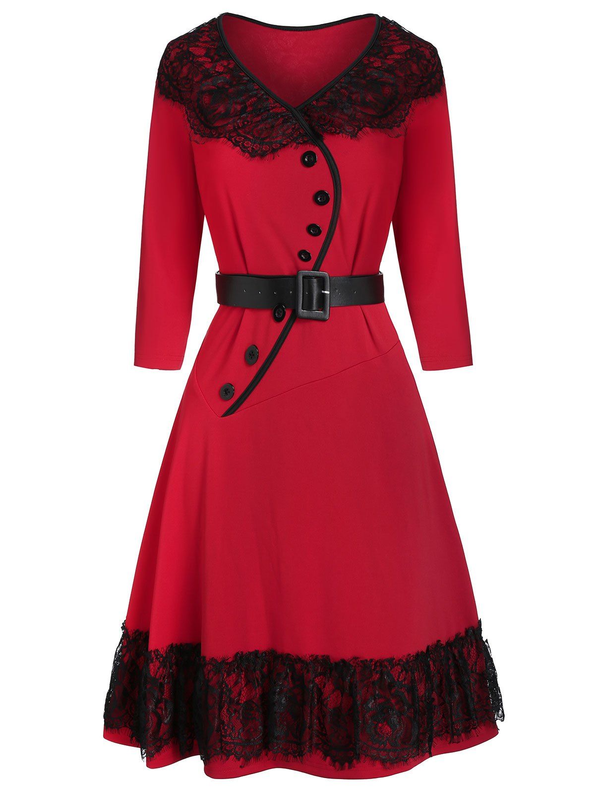 

Lace Panel Button Belt Fit And Flare Dress, Red wine
