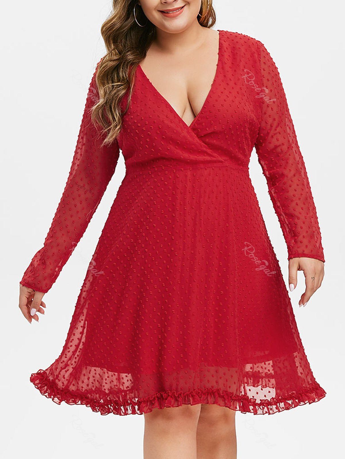 

Plus Size Swiss Dot Plunging Lettuce Trim Dress, Red