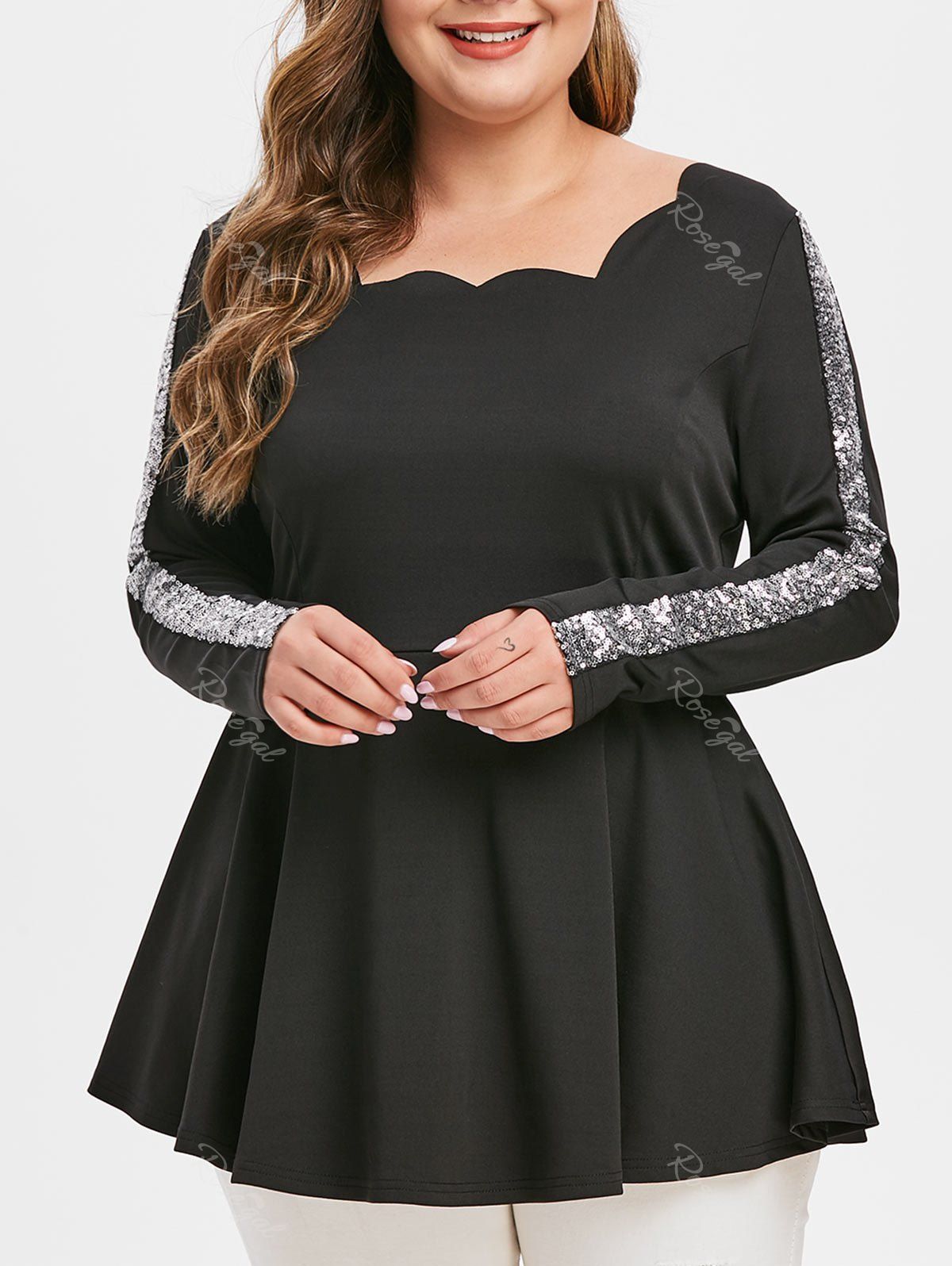 

Plus Size Sequins Scalloped Peplum T Shirt, Black