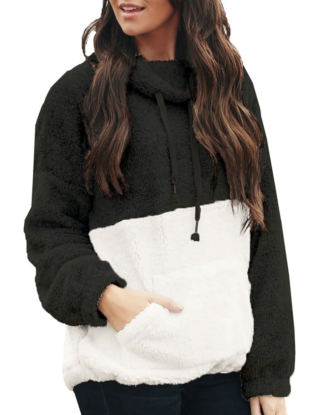 

Two Tone Fluffy Drawstring Drop Shoulder Sweatshirt, Black