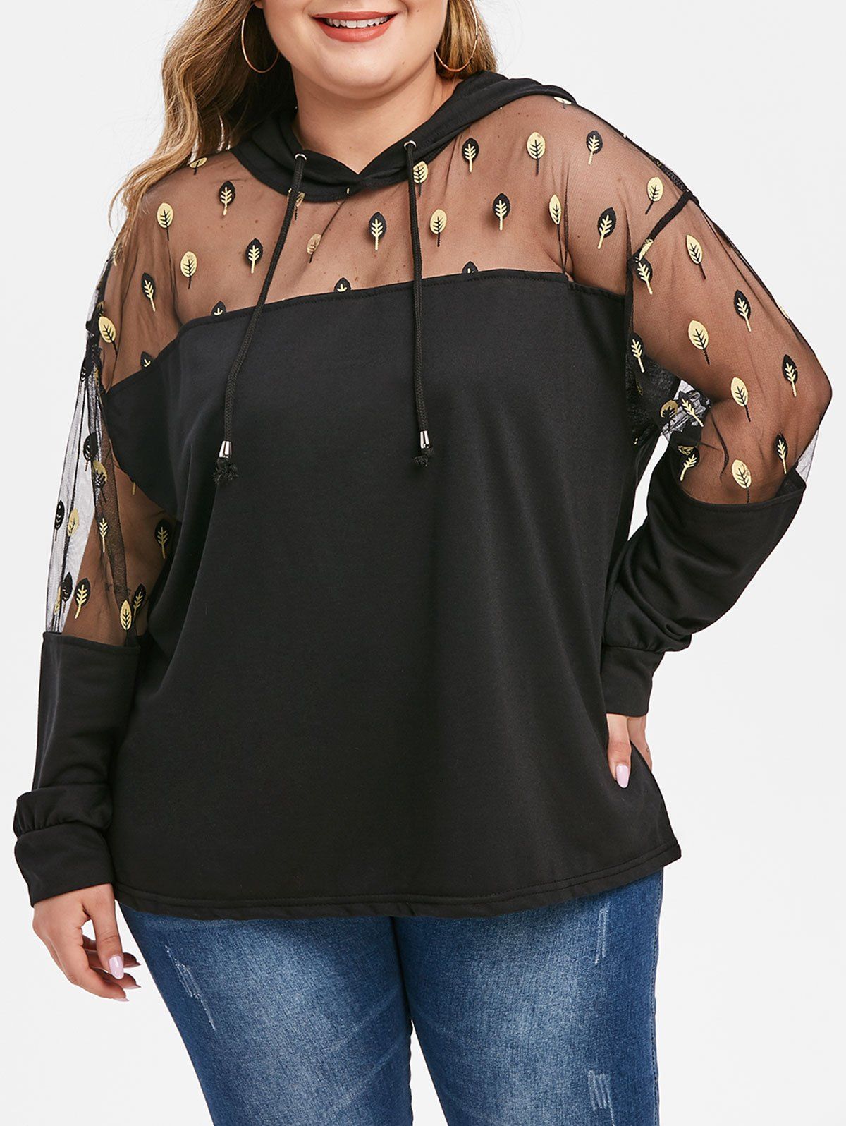 

Plus Size Leaf Lace Drawstring Hoodie, Black