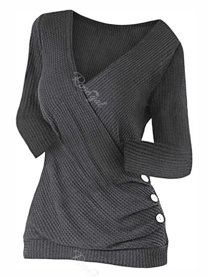 

Plus Size Buttons Surplice Knit Top, Gray