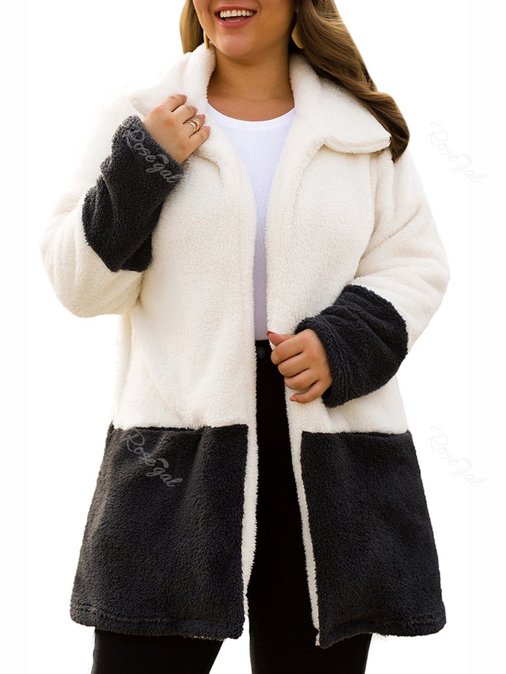 

Plus Size Faux Fur Two Tone Fluffy Coat, White