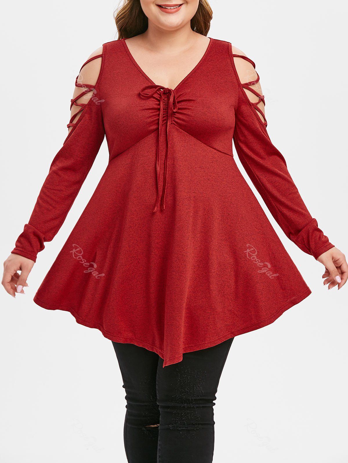 

Plus Size Criss-cross Cold Shoulder Pointed Hem Cinched T-shirt, Cherry red