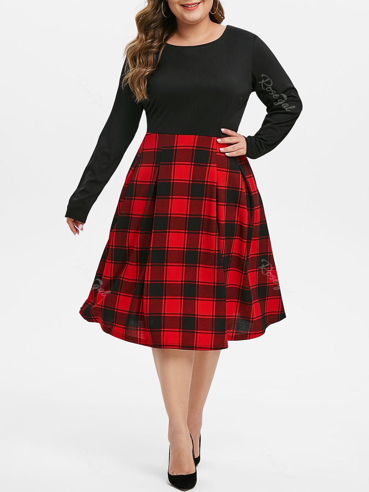 

Back Zipper Long Sleeve Contrast Plaid Stripes Plus Size Dress, Red