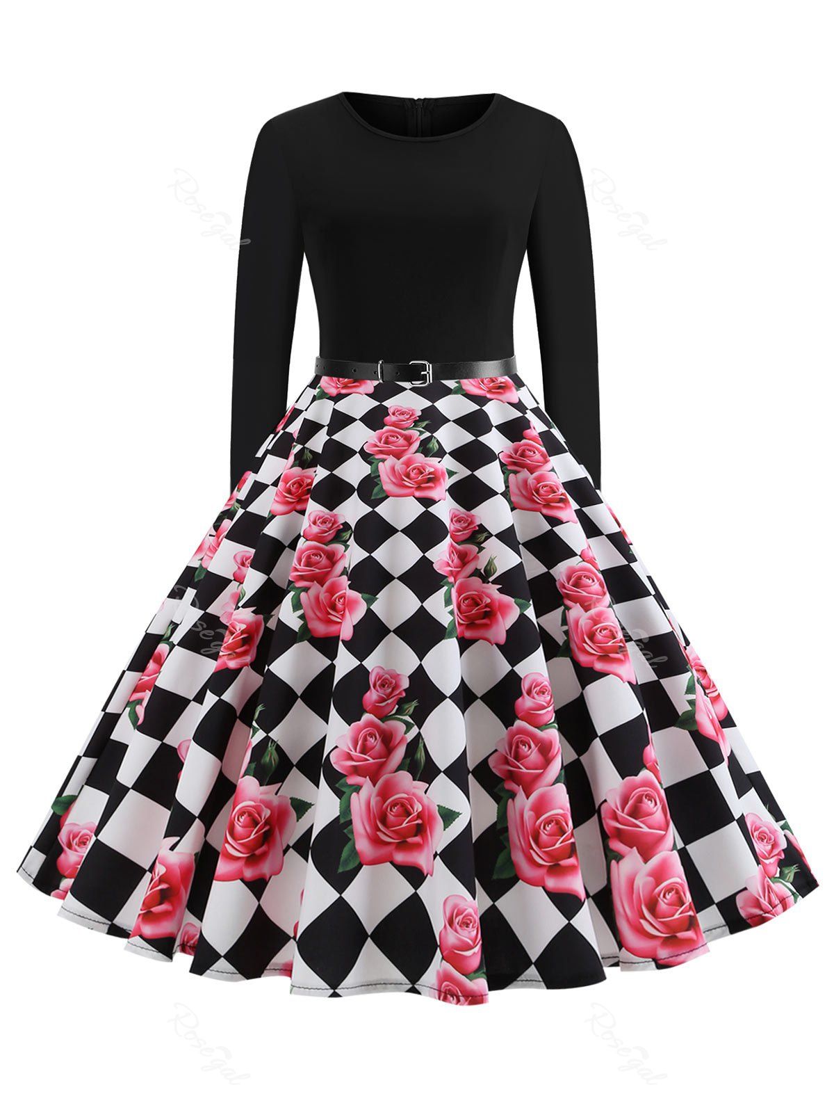 

Plus Size Checkered Floral Vintage Dress, Pink