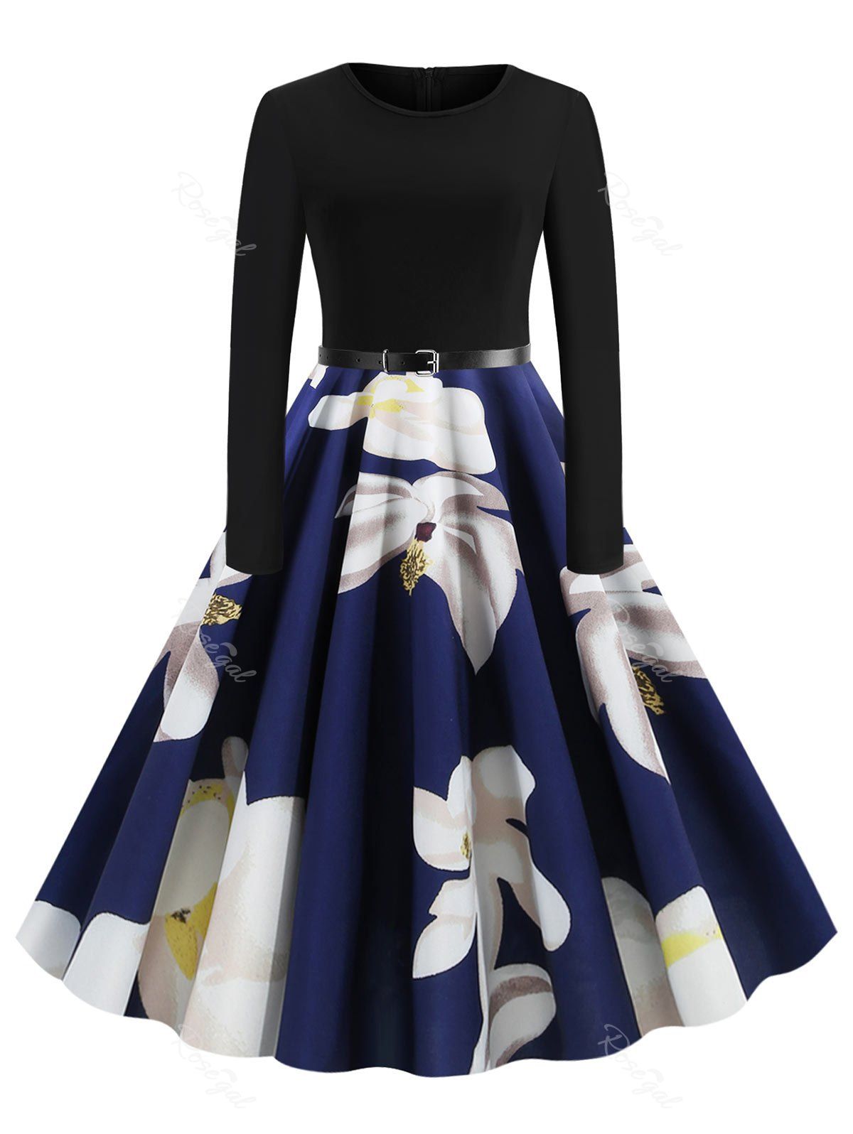

Plus Size Floral Midi Vintage Dress, Lapis blue