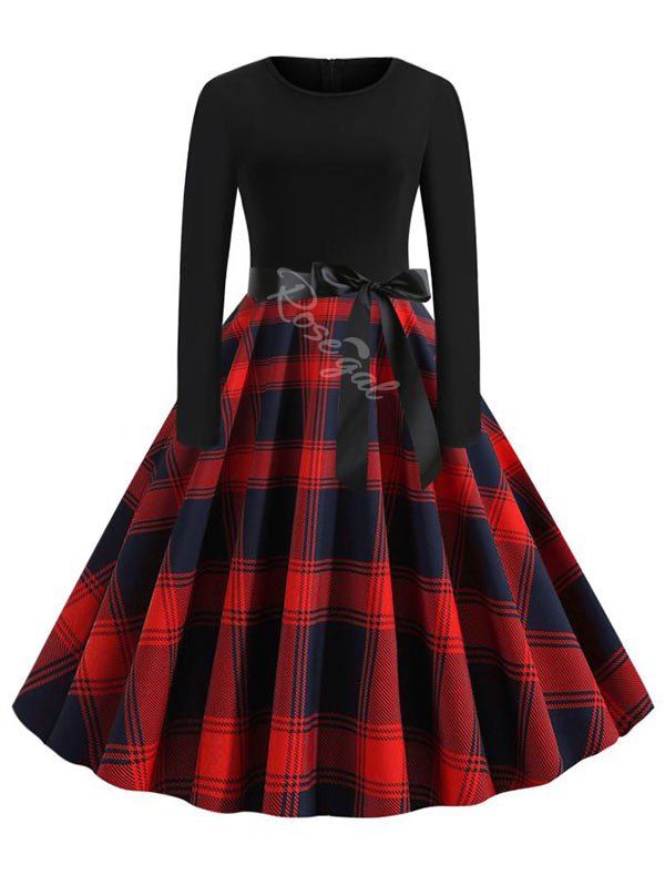 

Plus Size Plaid Belted Vintage Dress, Red