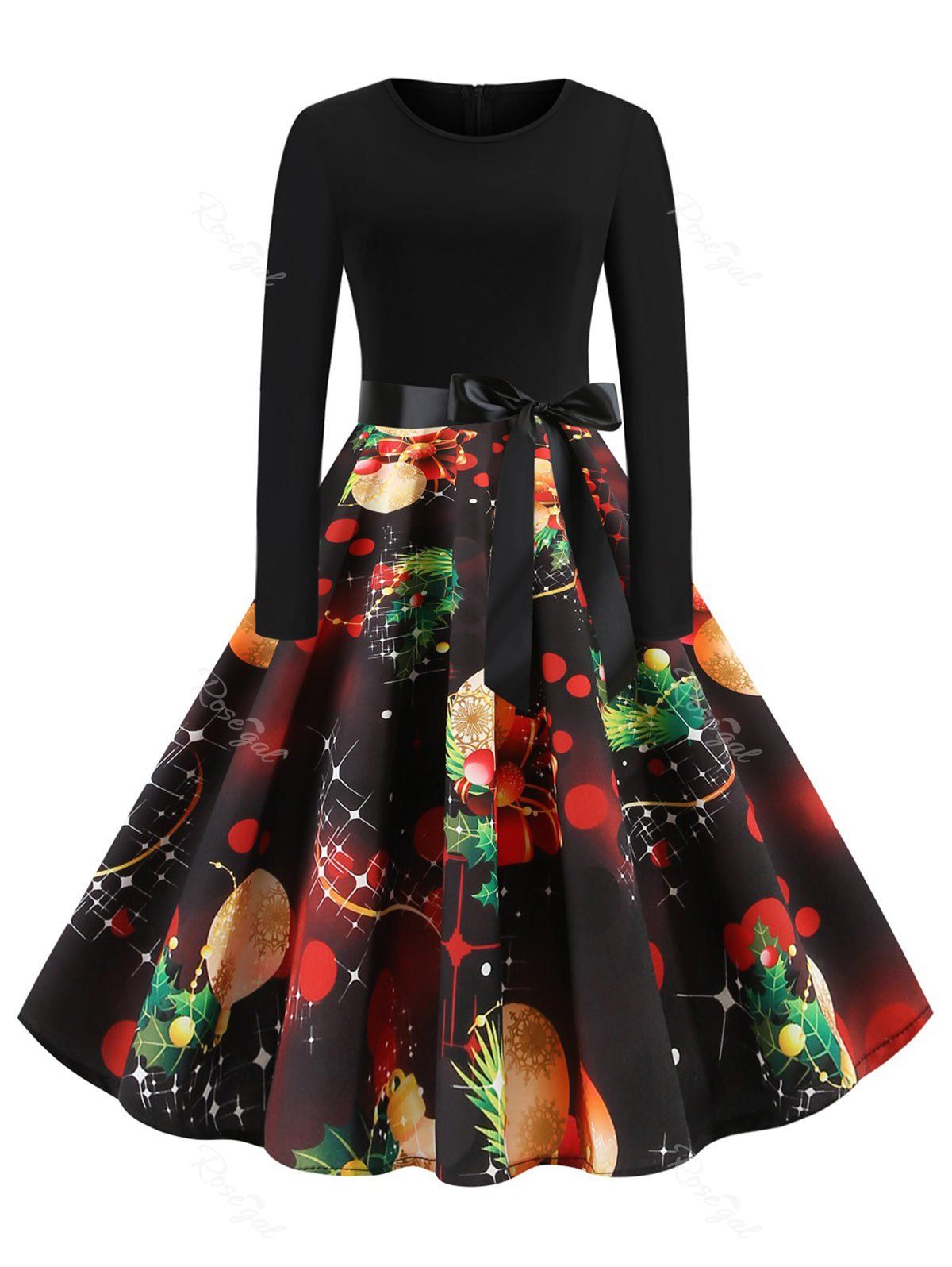 

Plus Size Christmas Tree Gift Lantern Print Vintage Dress, Multi