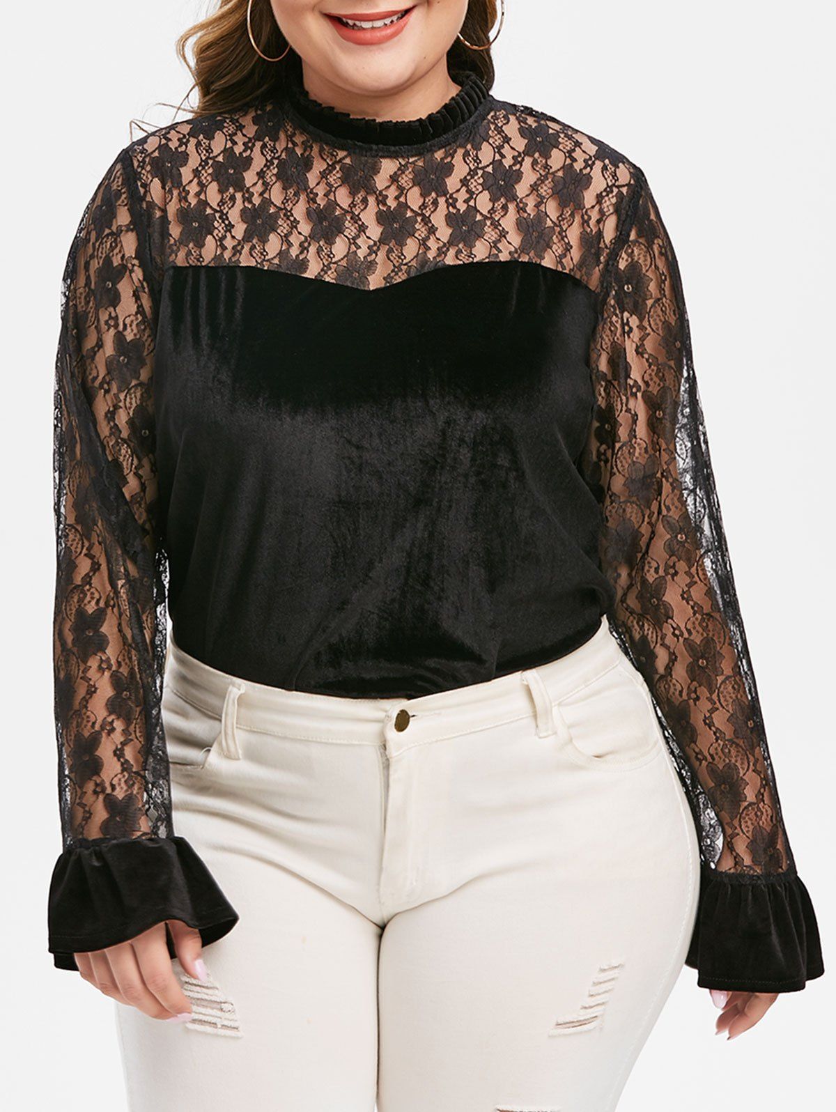 

Plus Size Lace Insert Velvet Ruffle Neck T-shirt, Black