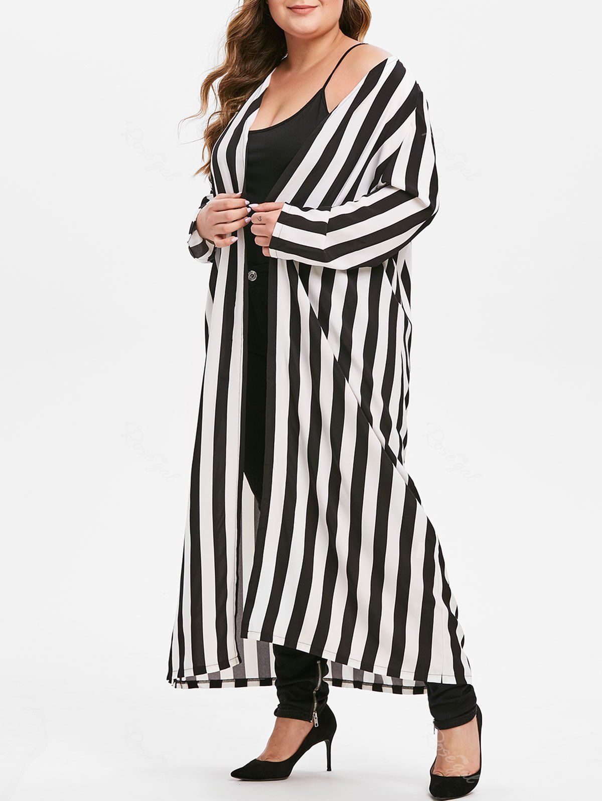 

Plus Size Striped Longline Open Front Shirt, Black